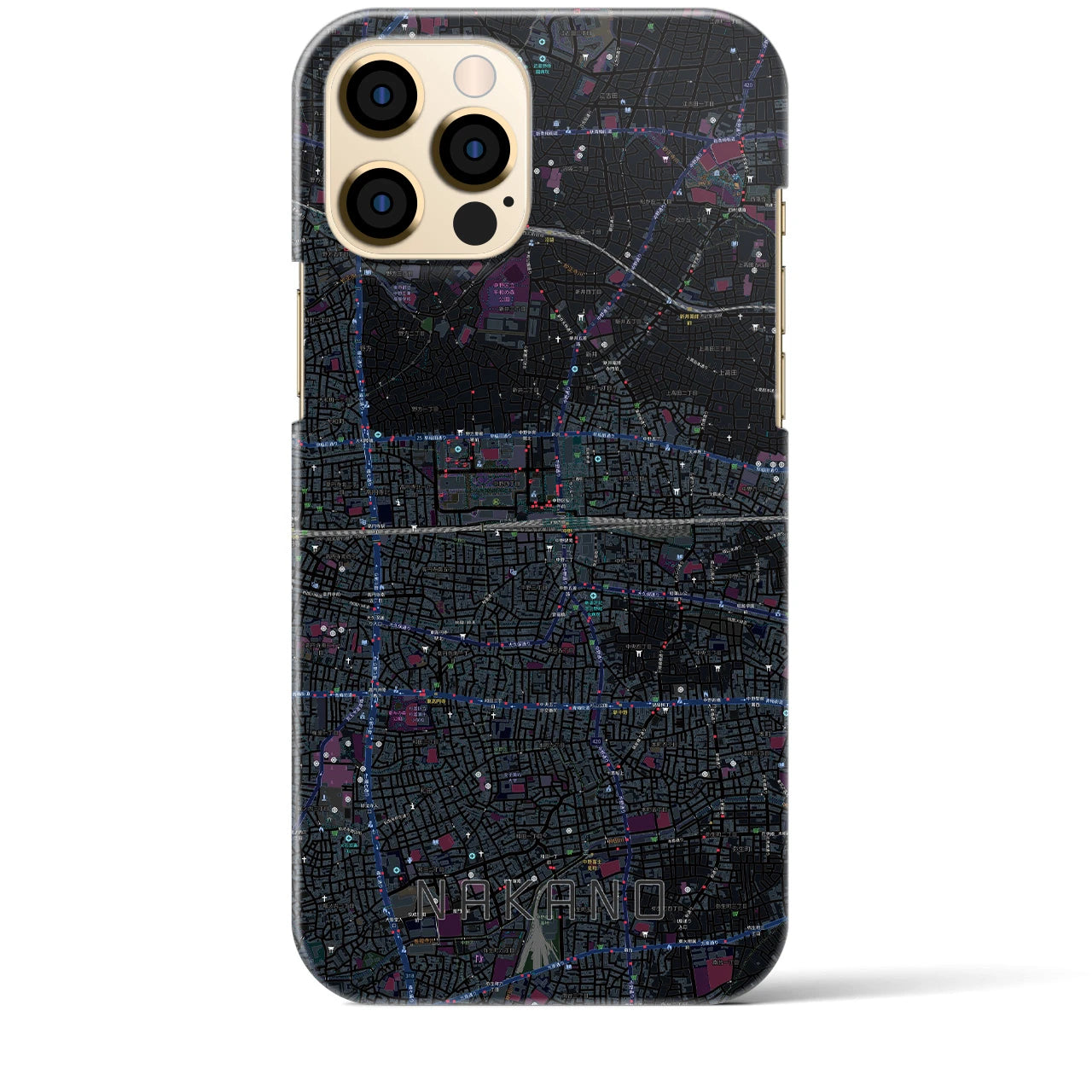 【中野2】地図柄iPhoneケース（バックカバータイプ・ブラック）iPhone 12 Pro Max 用