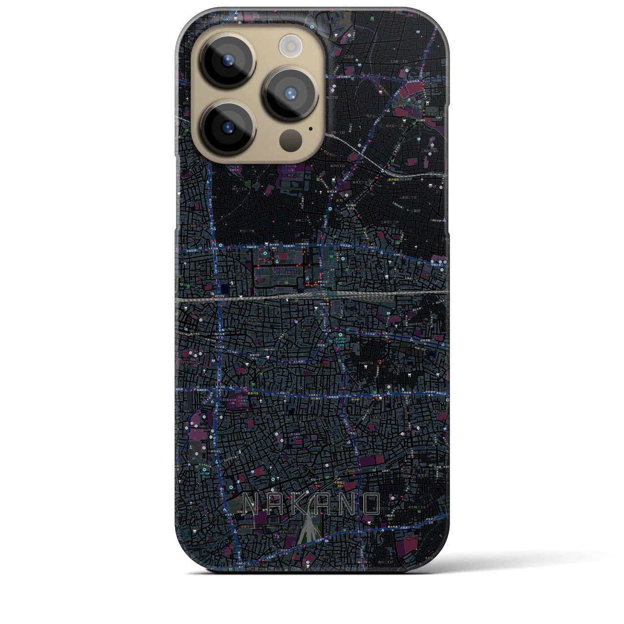 【中野2】地図柄iPhoneケース（バックカバータイプ・ブラック）iPhone 14 Pro Max 用