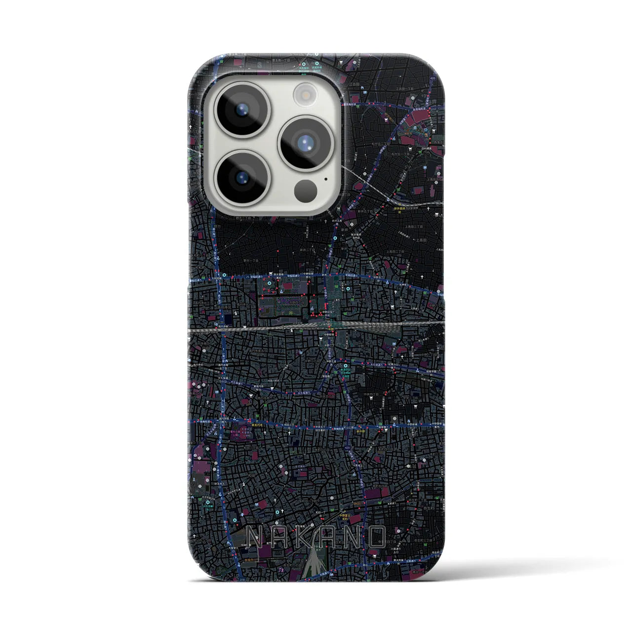 【中野2】地図柄iPhoneケース（バックカバータイプ・ブラック）iPhone 15 Pro 用
