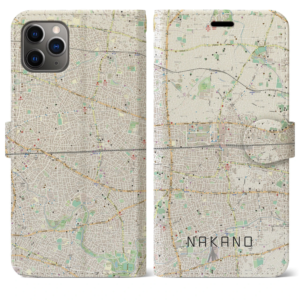 【中野2】地図柄iPhoneケース（手帳両面タイプ・ナチュラル）iPhone 11 Pro Max 用
