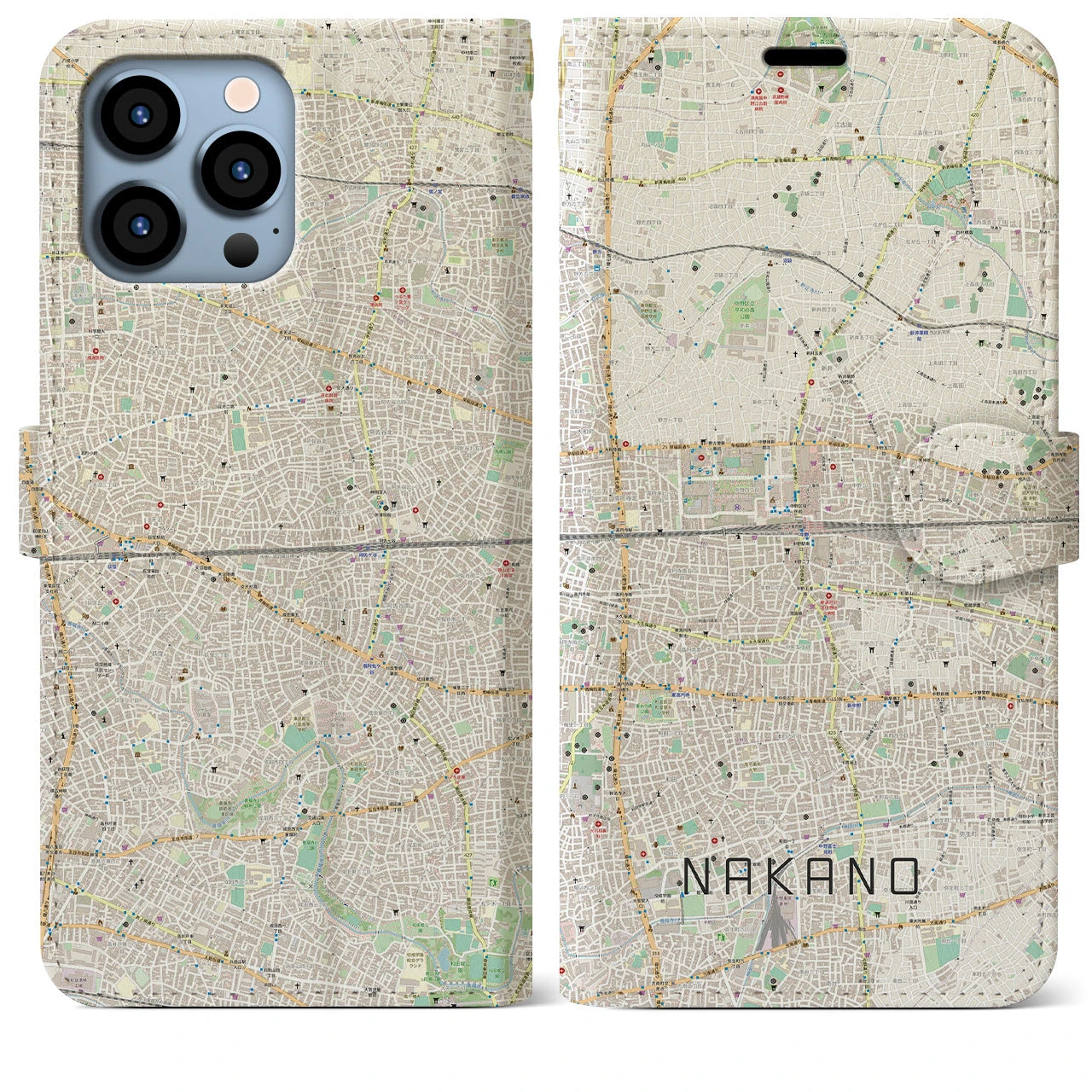 【中野2】地図柄iPhoneケース（手帳両面タイプ・ナチュラル）iPhone 13 Pro Max 用