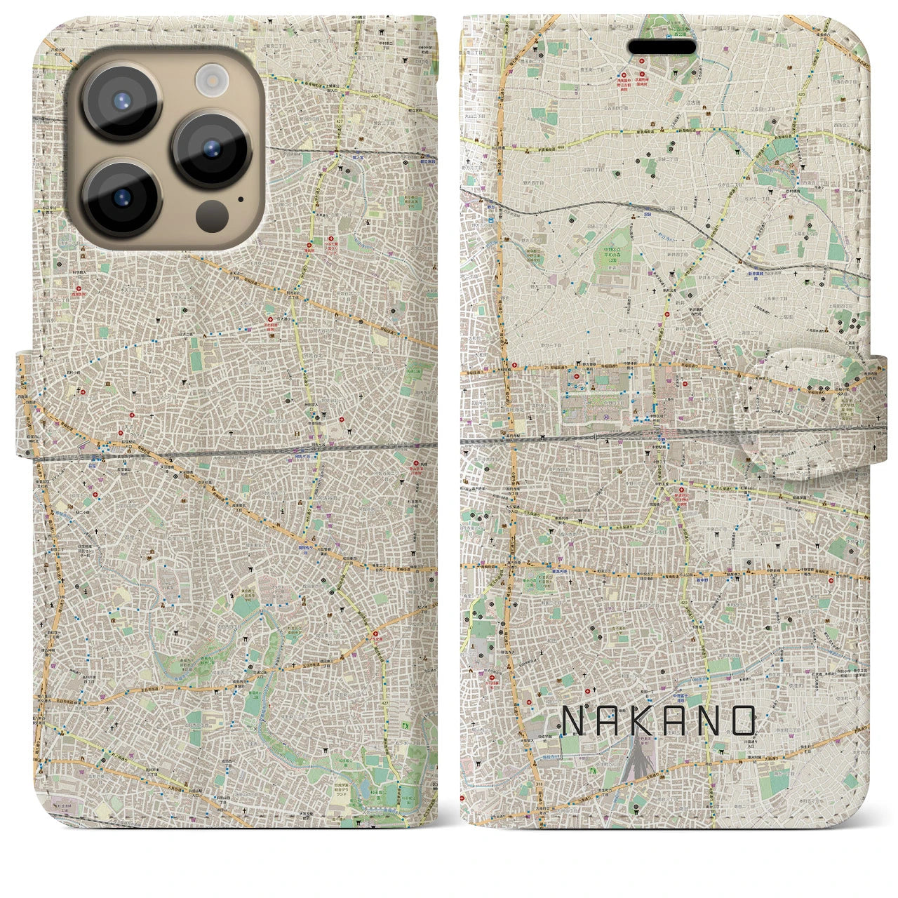 【中野2】地図柄iPhoneケース（手帳両面タイプ・ナチュラル）iPhone 14 Pro Max 用