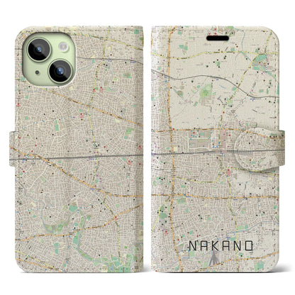 【中野2（東京都）】地図柄iPhoneケース（手帳タイプ）ナチュラル・iPhone 15 用