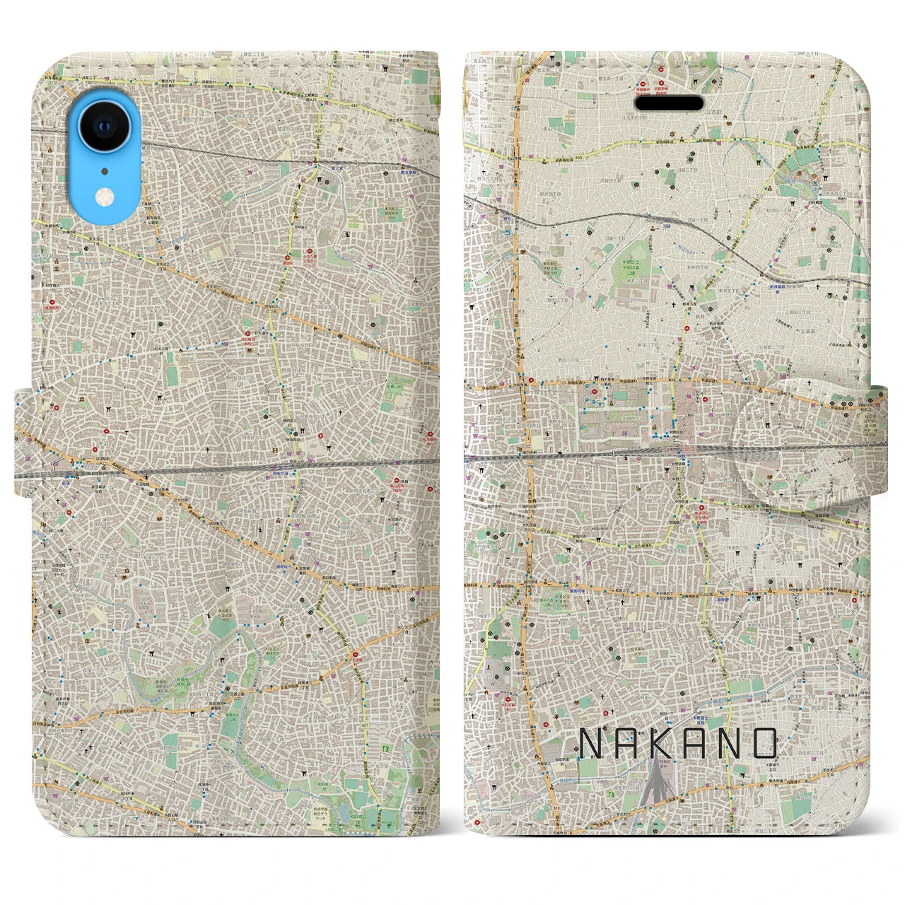 【中野2】地図柄iPhoneケース（手帳両面タイプ・ナチュラル）iPhone XR 用