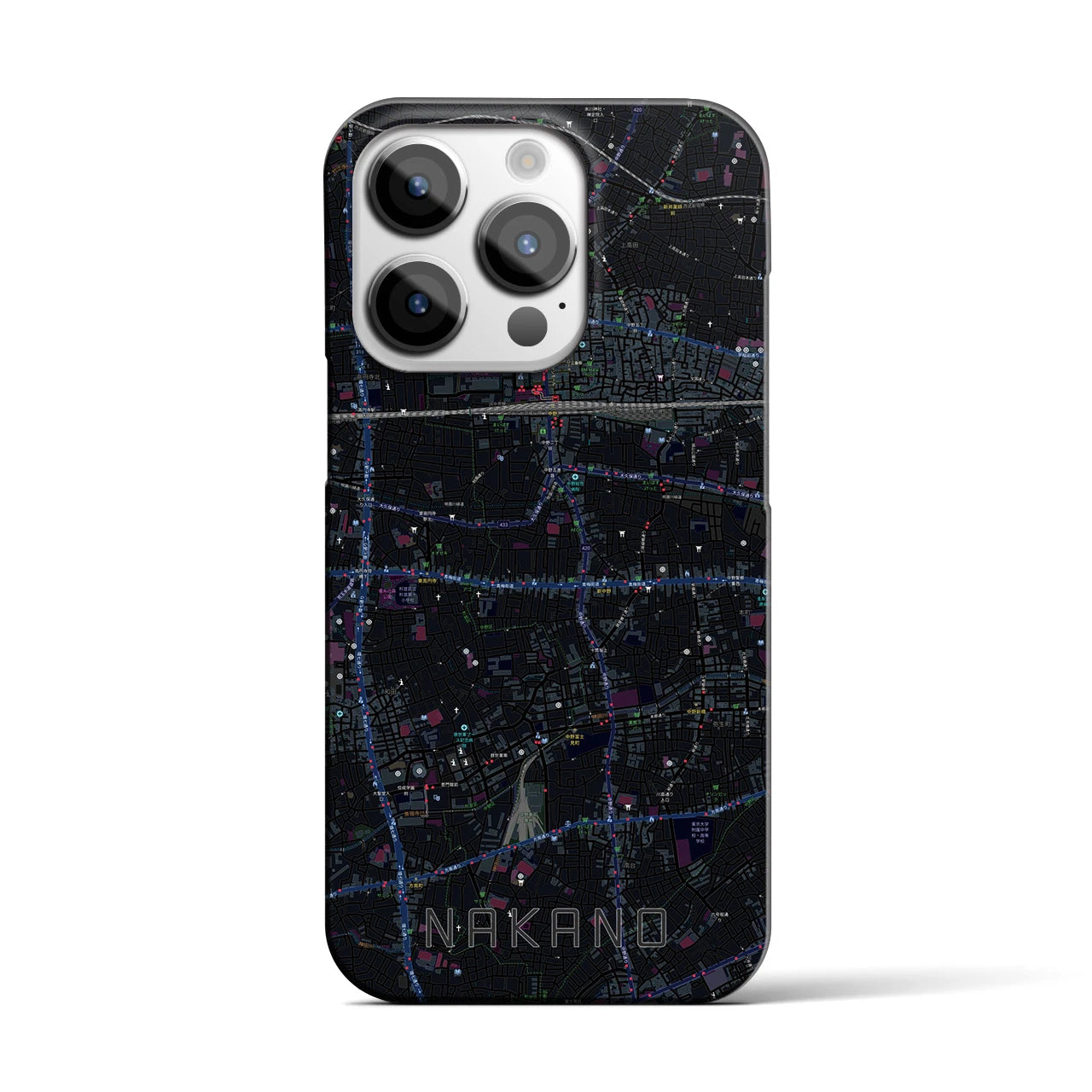 【中野】地図柄iPhoneケース（バックカバータイプ・ブラック）iPhone 14 Pro 用