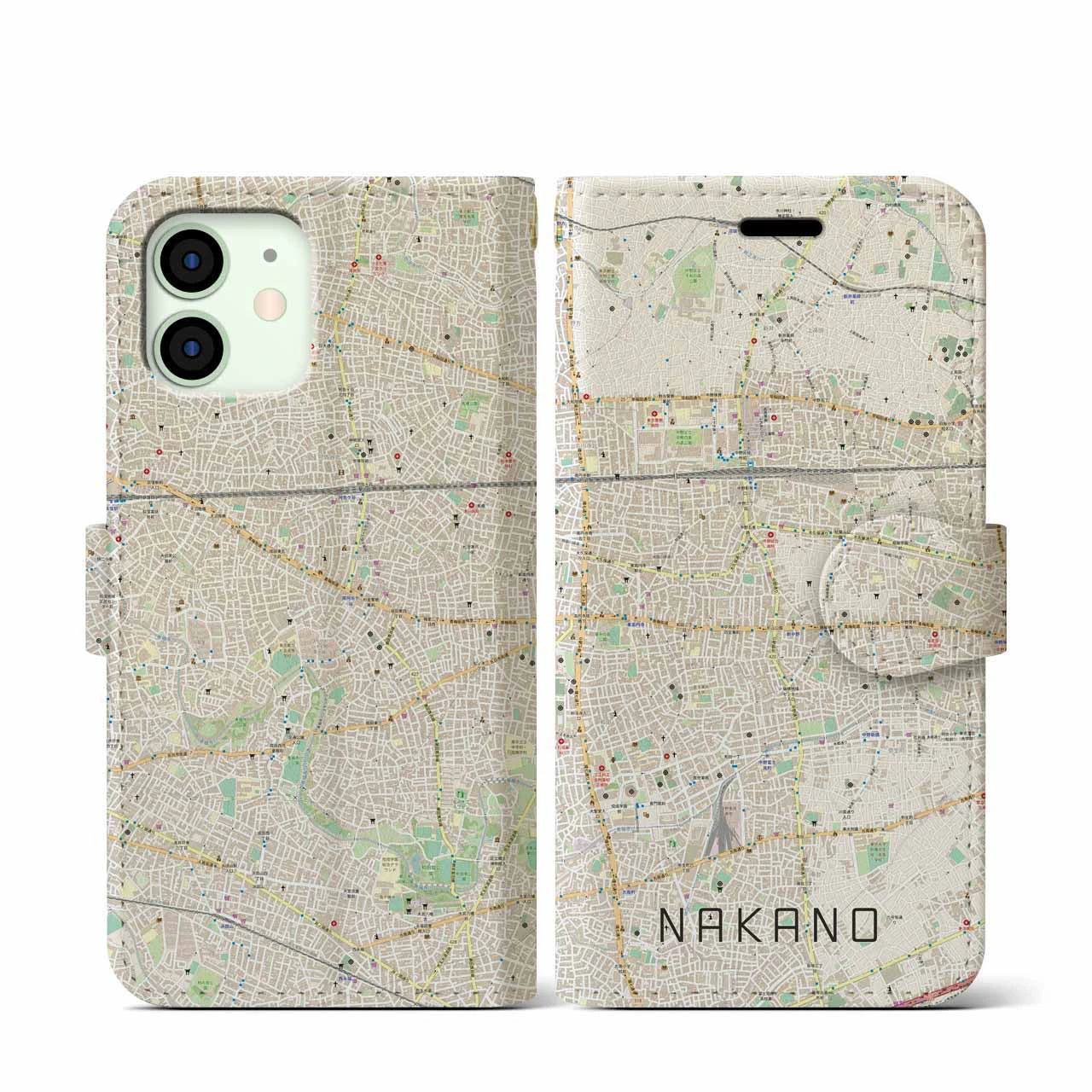 【中野】地図柄iPhoneケース（手帳両面タイプ・ナチュラル）iPhone 12 mini 用