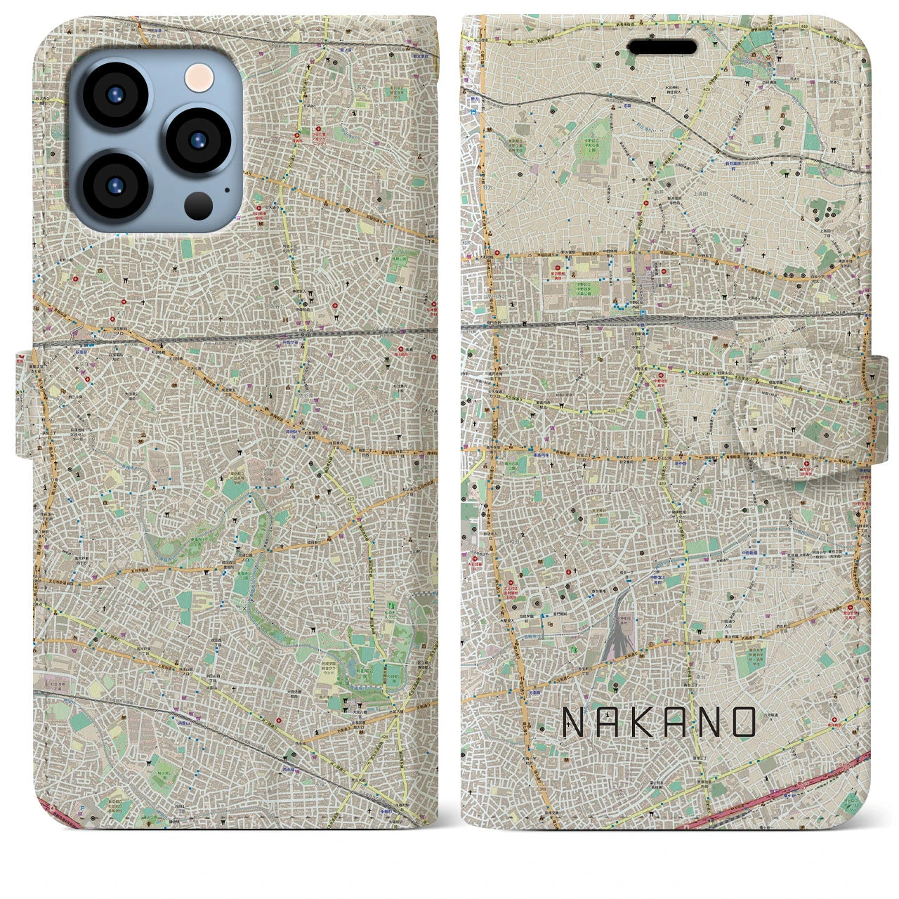 【中野】地図柄iPhoneケース（手帳両面タイプ・ナチュラル）iPhone 13 Pro Max 用