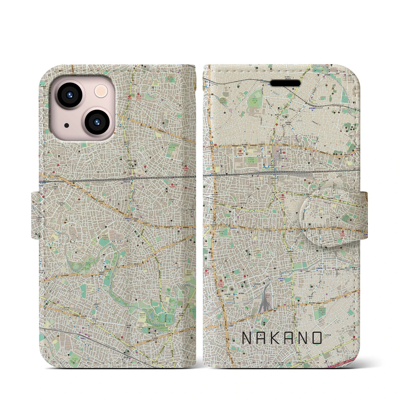 【中野】地図柄iPhoneケース（手帳両面タイプ・ナチュラル）iPhone 13 mini 用
