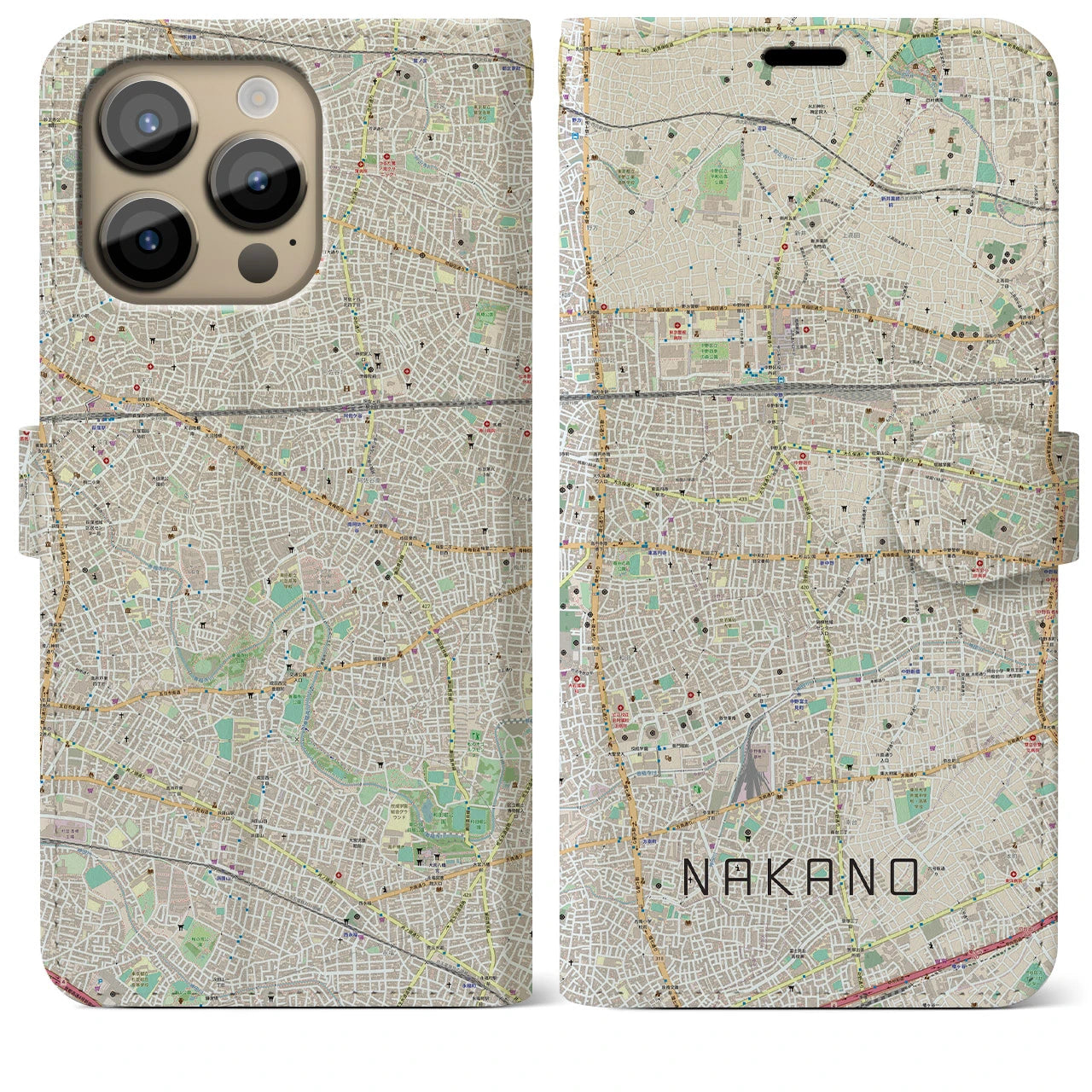 【中野】地図柄iPhoneケース（手帳両面タイプ・ナチュラル）iPhone 14 Pro Max 用