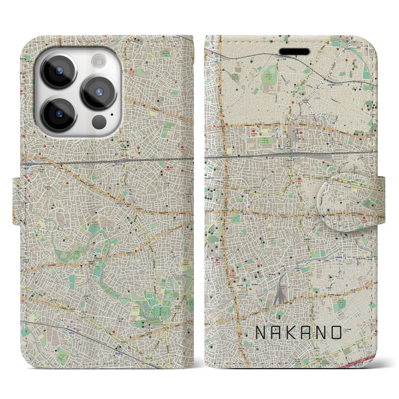 【中野】地図柄iPhoneケース（手帳両面タイプ・ナチュラル）iPhone 14 Pro 用