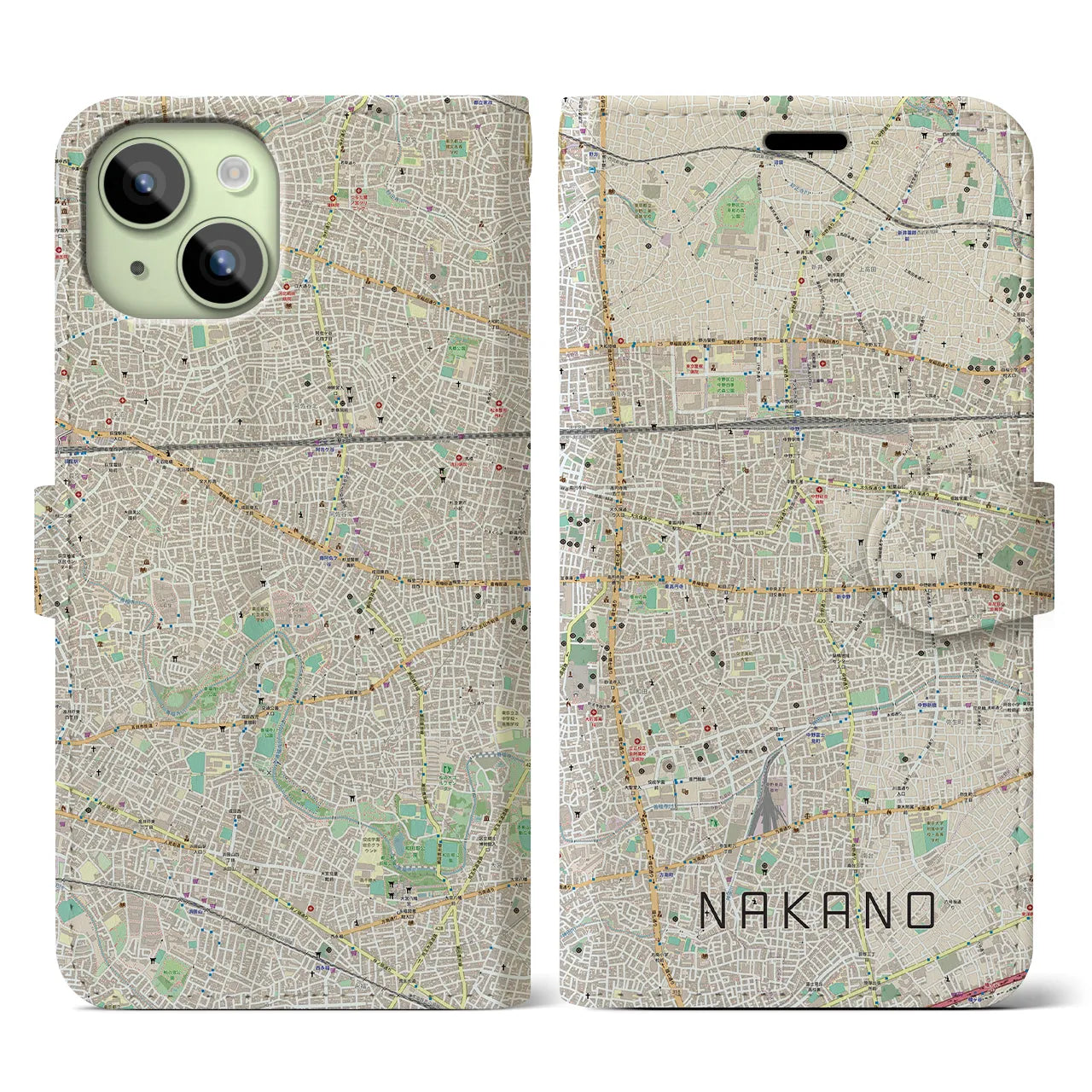【中野】地図柄iPhoneケース（手帳両面タイプ・ナチュラル）iPhone 15 用