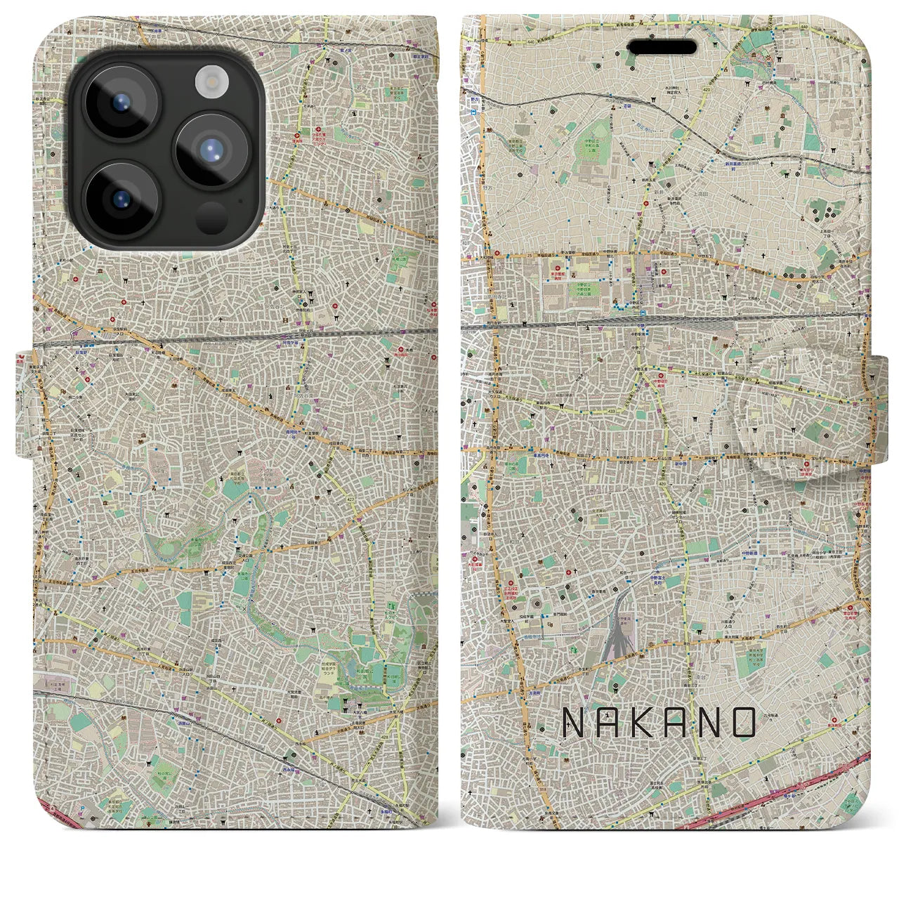【中野】地図柄iPhoneケース（手帳両面タイプ・ナチュラル）iPhone 15 Pro Max 用
