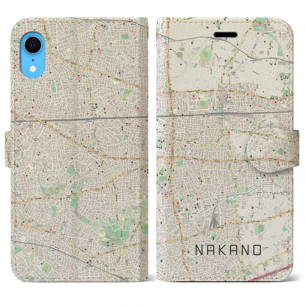 【中野】地図柄iPhoneケース（手帳両面タイプ・ナチュラル）iPhone XR 用