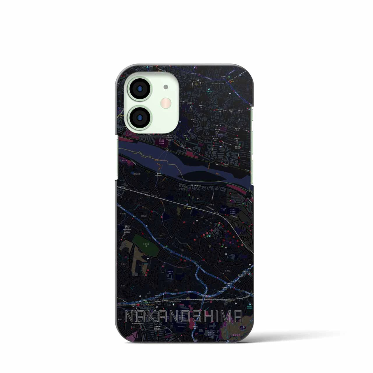 【中野島】地図柄iPhoneケース（バックカバータイプ・ブラック）iPhone 12 mini 用