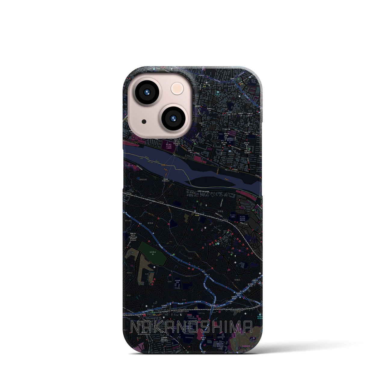 【中野島】地図柄iPhoneケース（バックカバータイプ・ブラック）iPhone 13 mini 用
