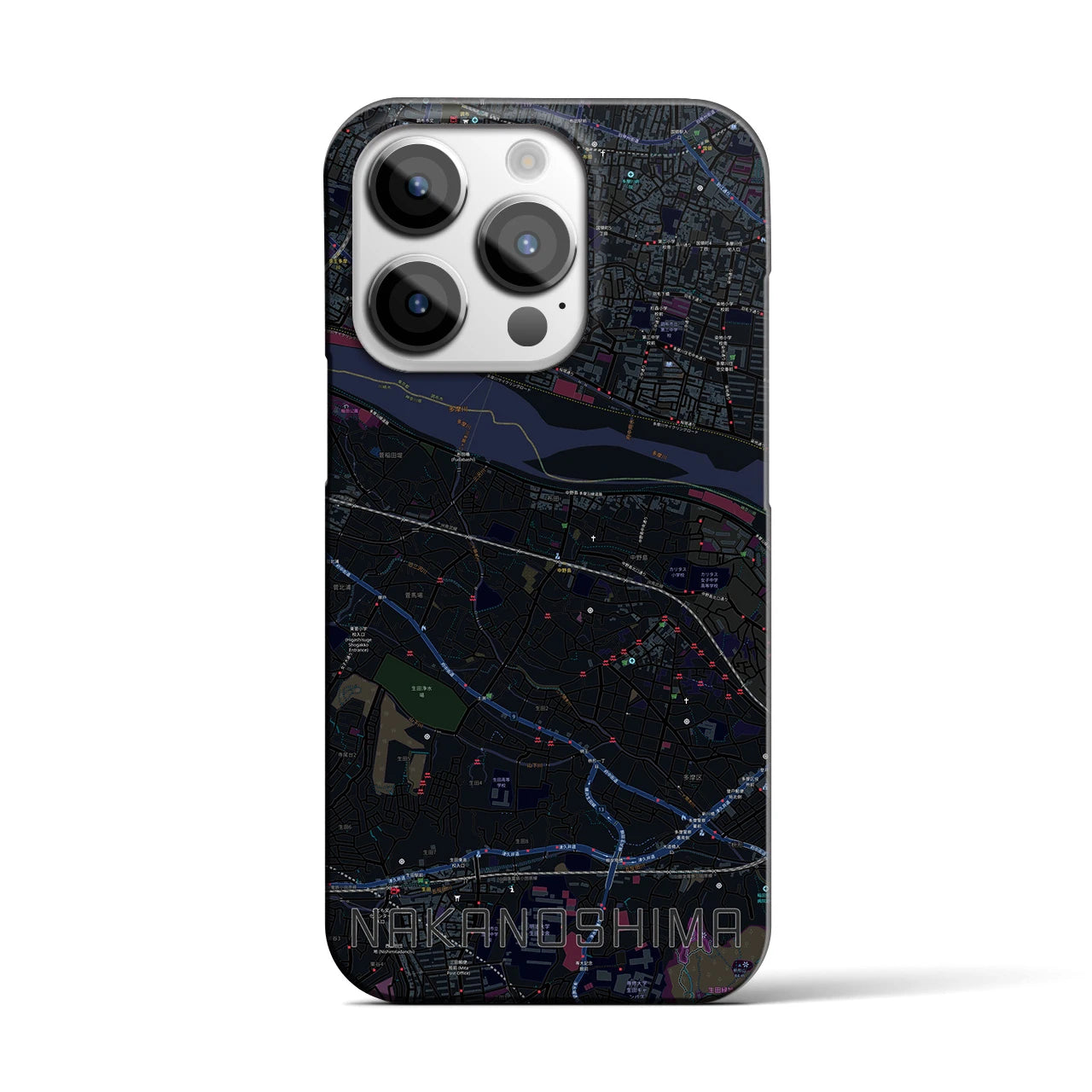 【中野島】地図柄iPhoneケース（バックカバータイプ・ブラック）iPhone 14 Pro 用