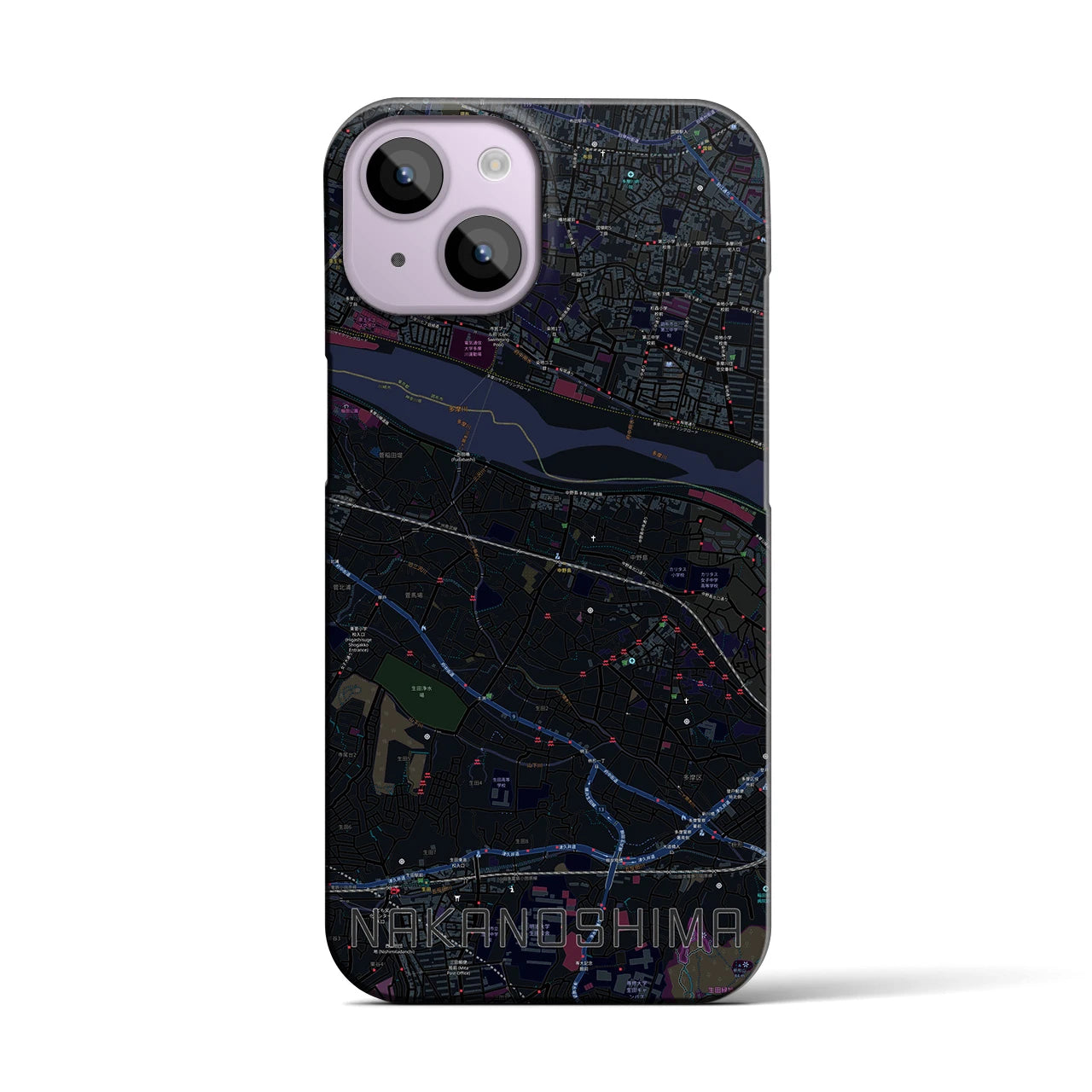 【中野島】地図柄iPhoneケース（バックカバータイプ・ブラック）iPhone 14 用
