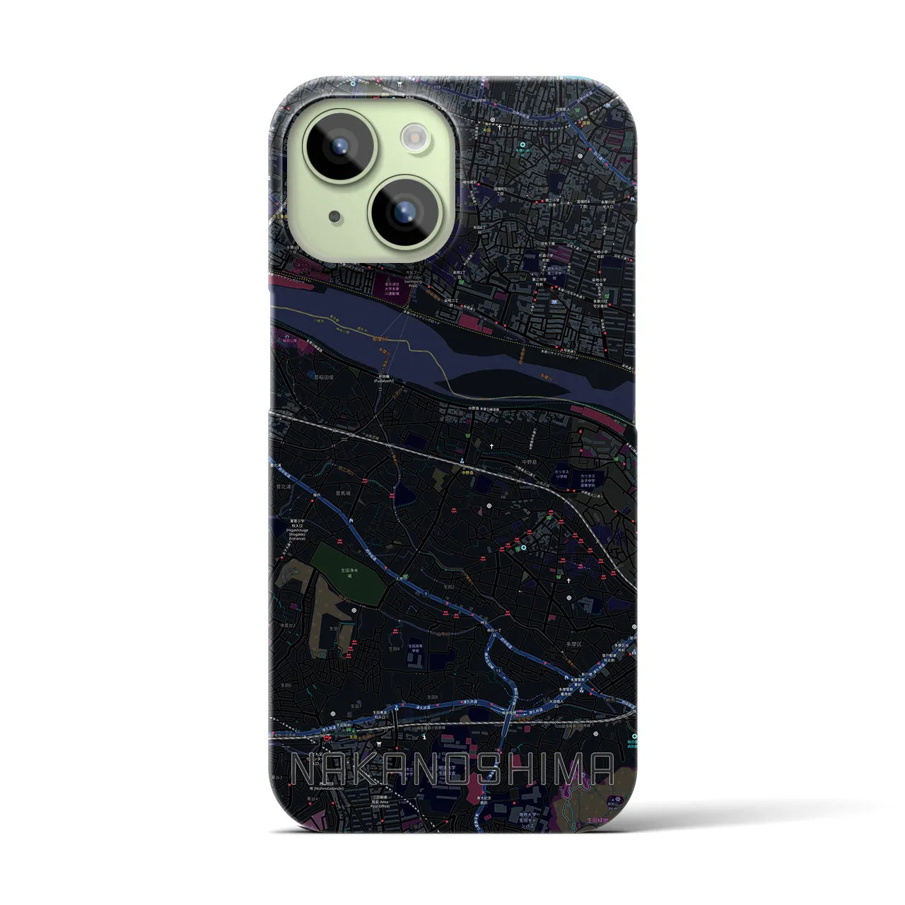【中野島】地図柄iPhoneケース（バックカバータイプ・ブラック）iPhone 15 用