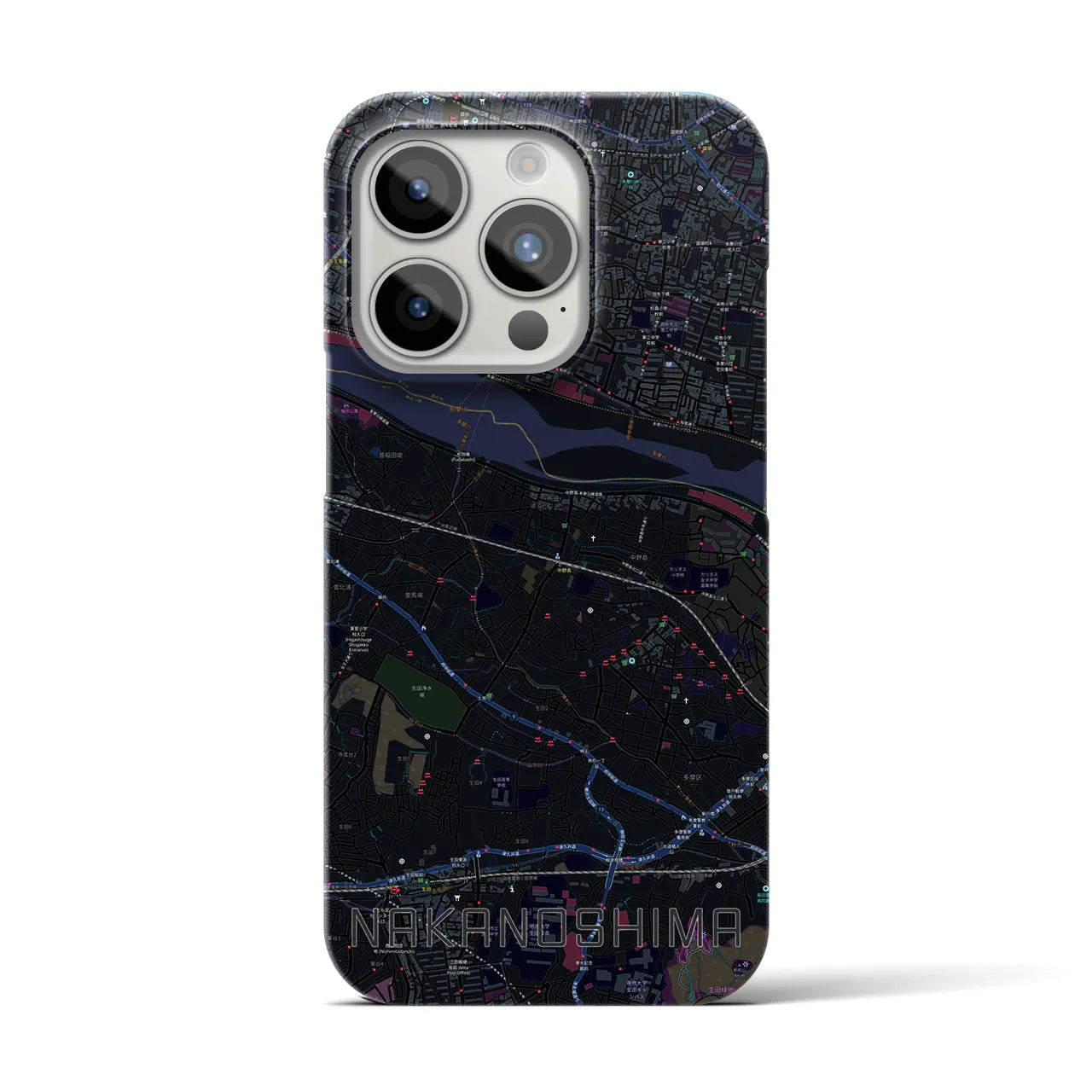 【中野島】地図柄iPhoneケース（バックカバータイプ・ブラック）iPhone 15 Pro 用