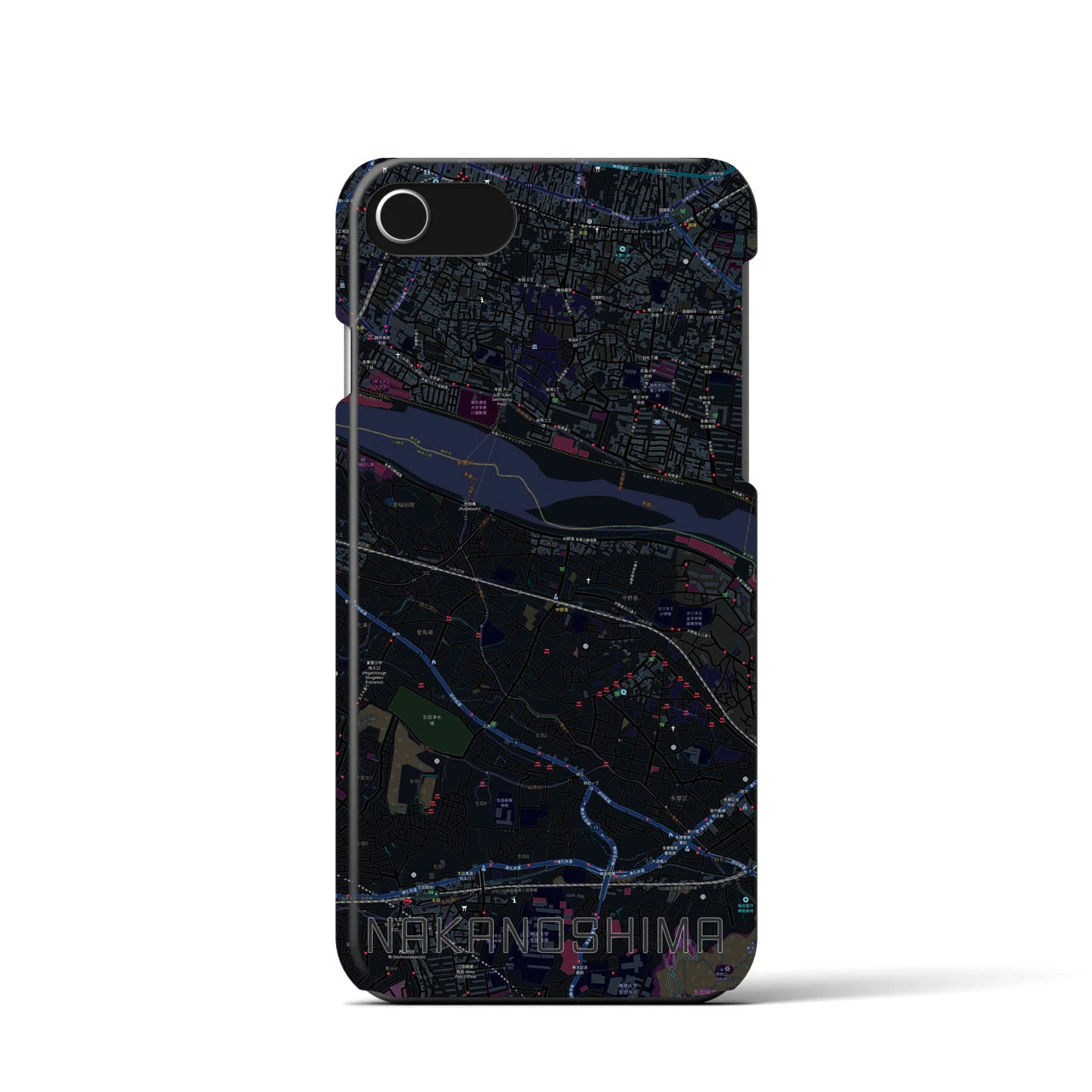 【中野島】地図柄iPhoneケース（バックカバータイプ・ブラック）iPhone SE（第3 / 第2世代） / 8 / 7 / 6s / 6 用