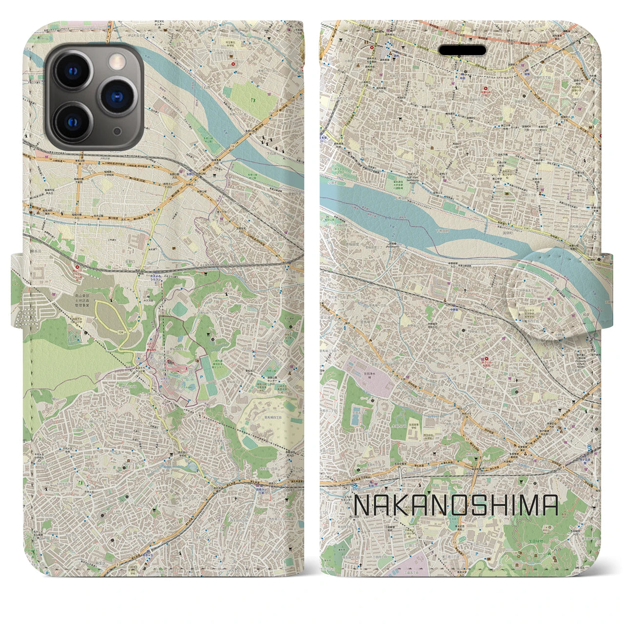 【中野島】地図柄iPhoneケース（手帳両面タイプ・ナチュラル）iPhone 11 Pro Max 用