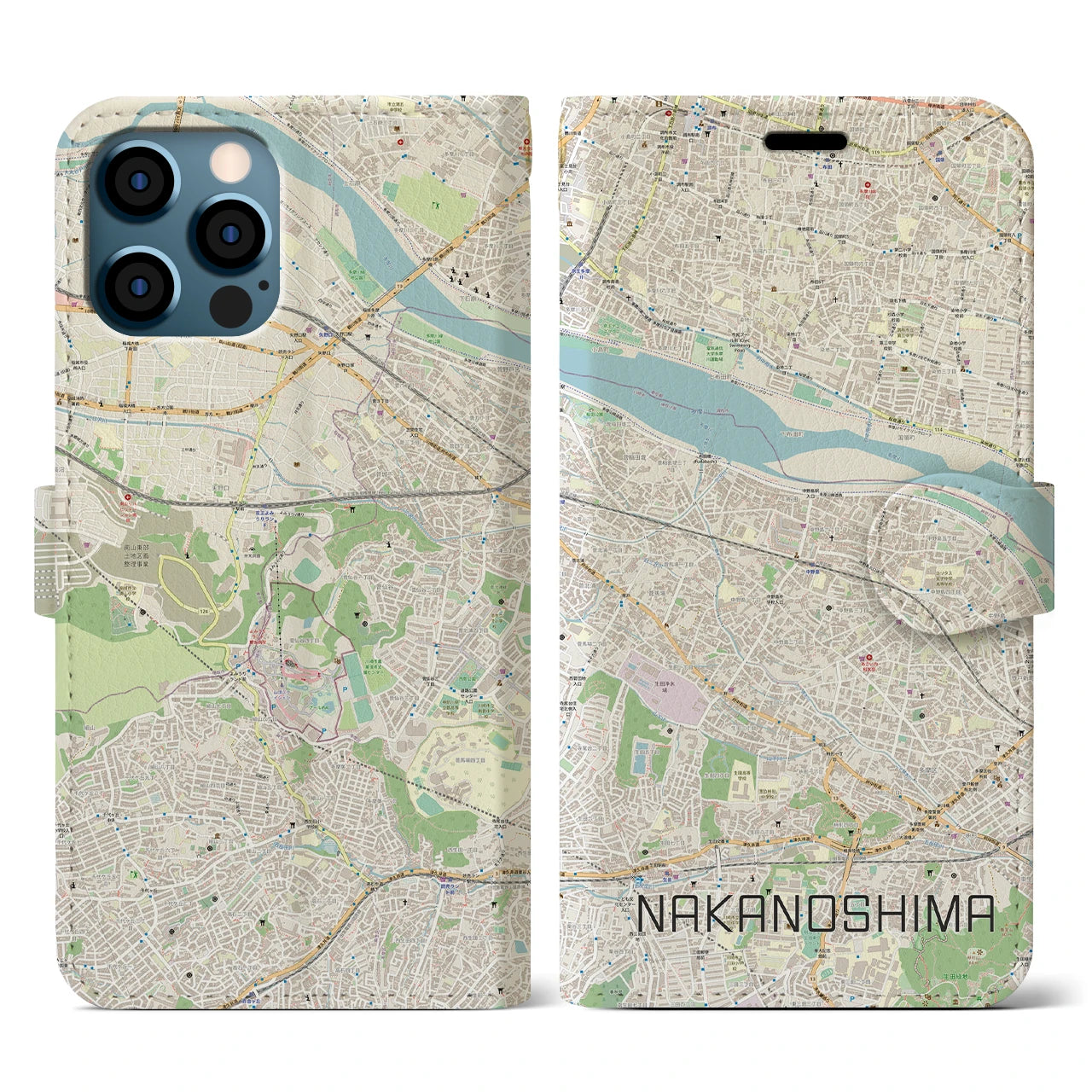 【中野島】地図柄iPhoneケース（手帳両面タイプ・ナチュラル）iPhone 12 / 12 Pro 用