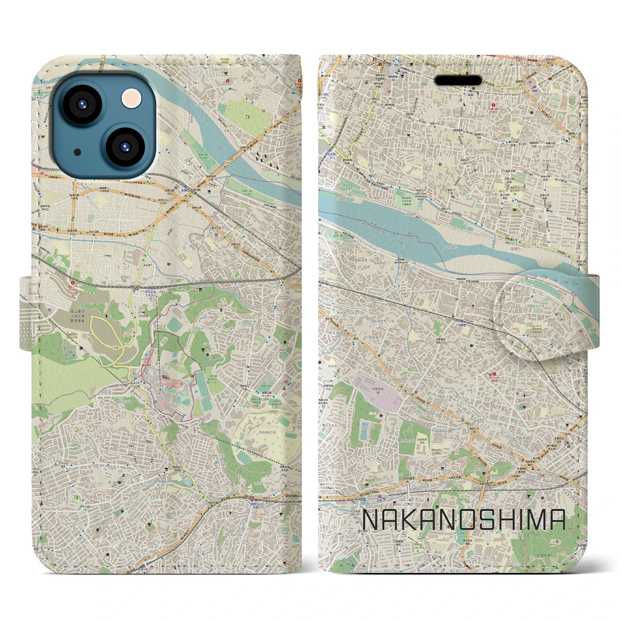 【中野島】地図柄iPhoneケース（手帳両面タイプ・ナチュラル）iPhone 13 用