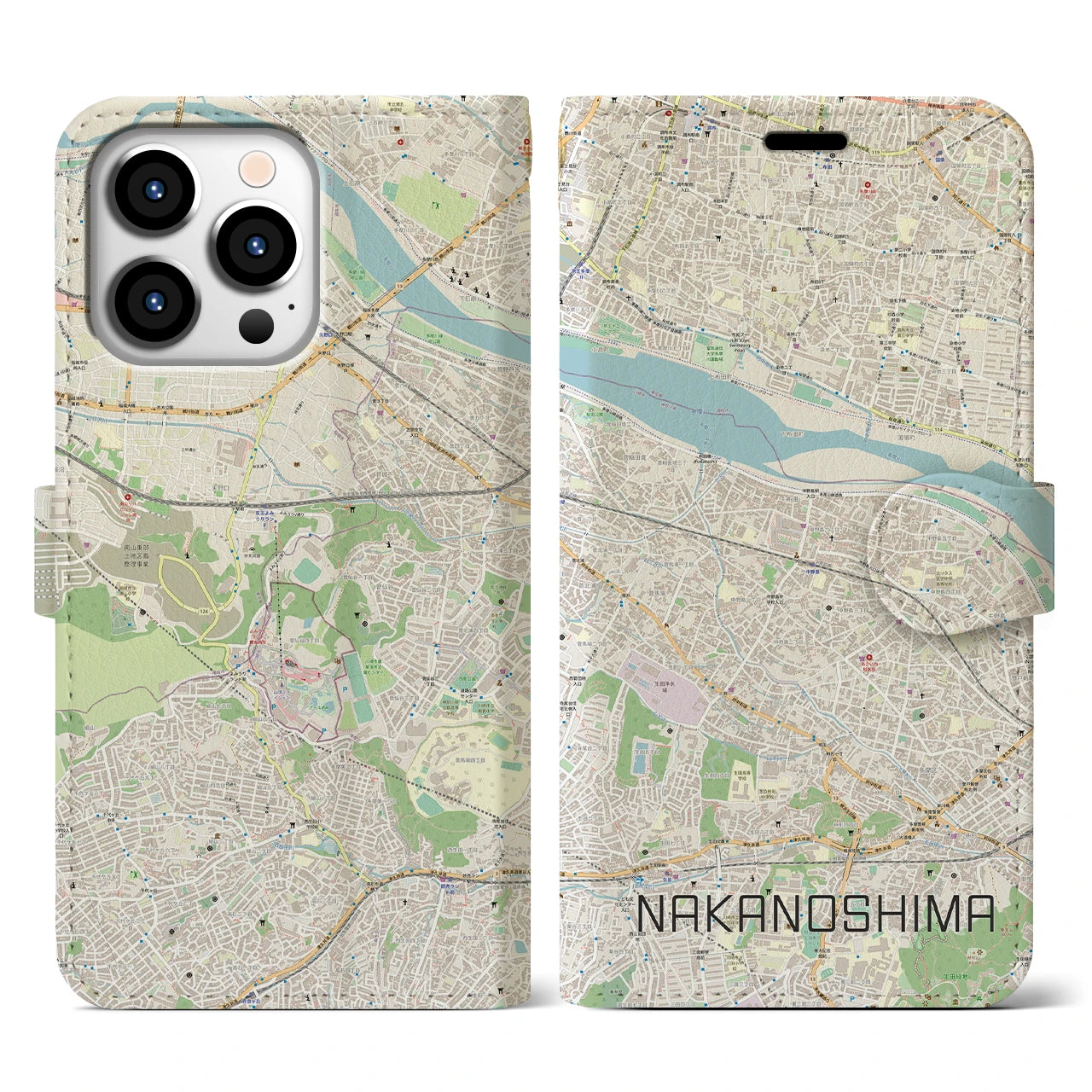 【中野島】地図柄iPhoneケース（手帳両面タイプ・ナチュラル）iPhone 13 Pro 用