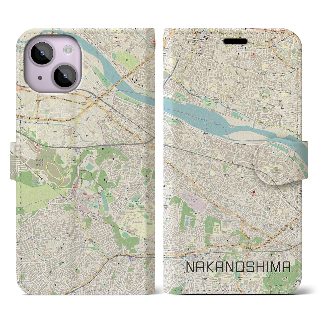 【中野島】地図柄iPhoneケース（手帳両面タイプ・ナチュラル）iPhone 14 用