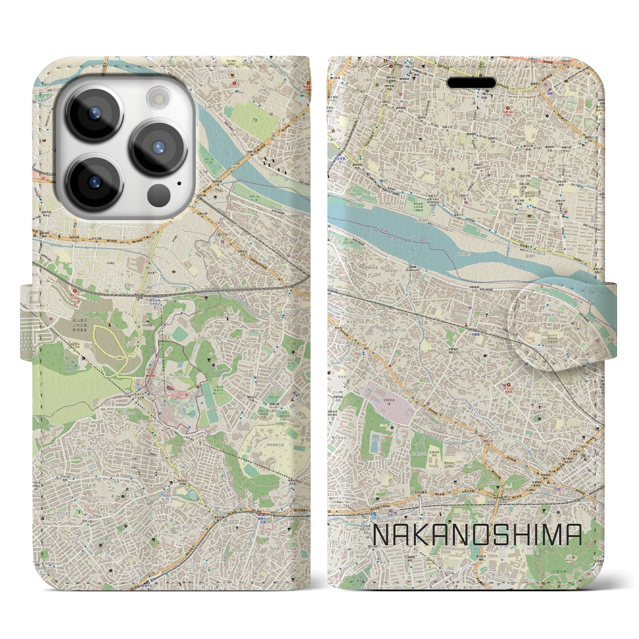 【中野島】地図柄iPhoneケース（手帳両面タイプ・ナチュラル）iPhone 14 Pro 用