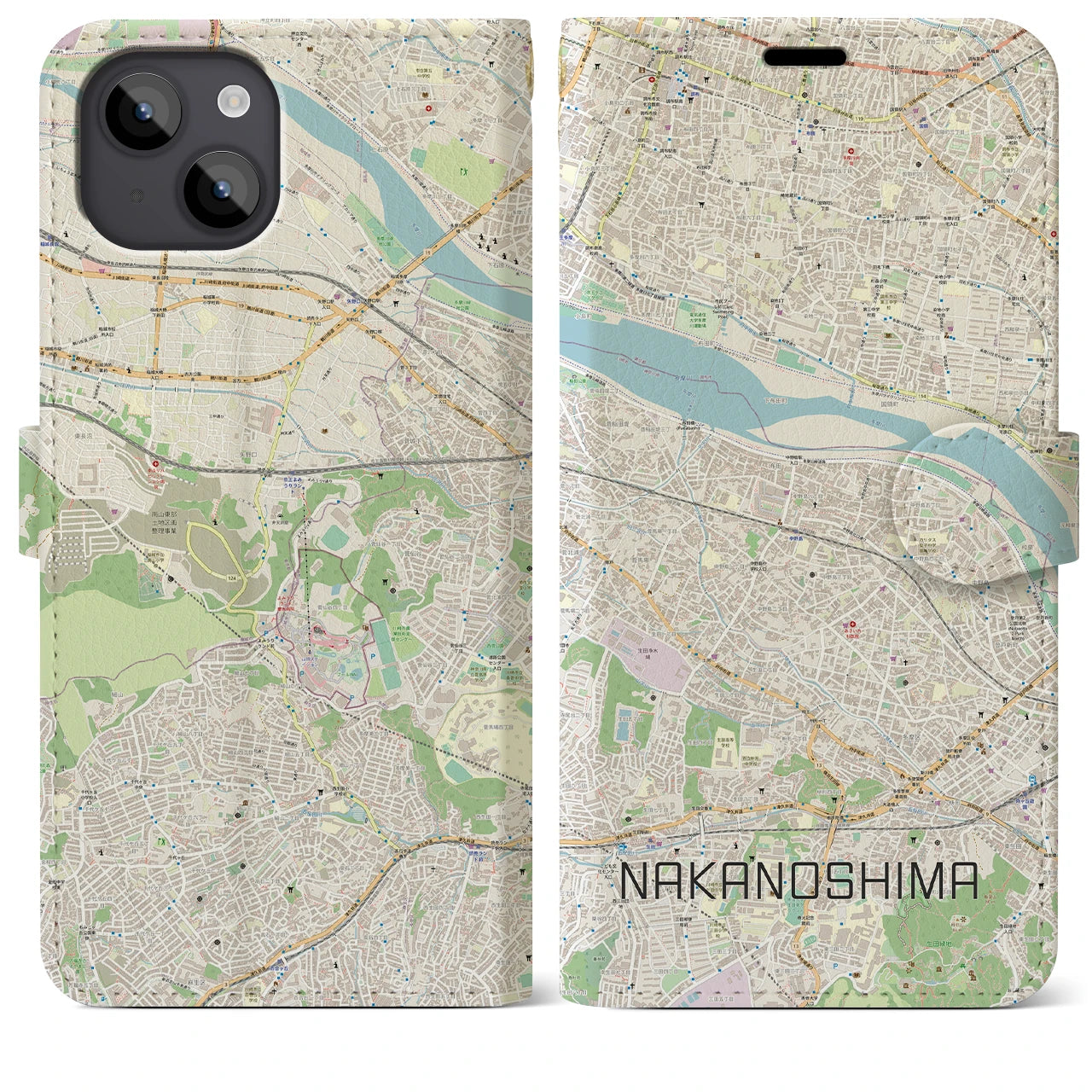 【中野島】地図柄iPhoneケース（手帳両面タイプ・ナチュラル）iPhone 14 Plus 用