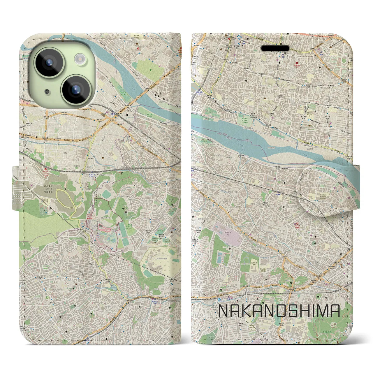 【中野島】地図柄iPhoneケース（手帳両面タイプ・ナチュラル）iPhone 15 用
