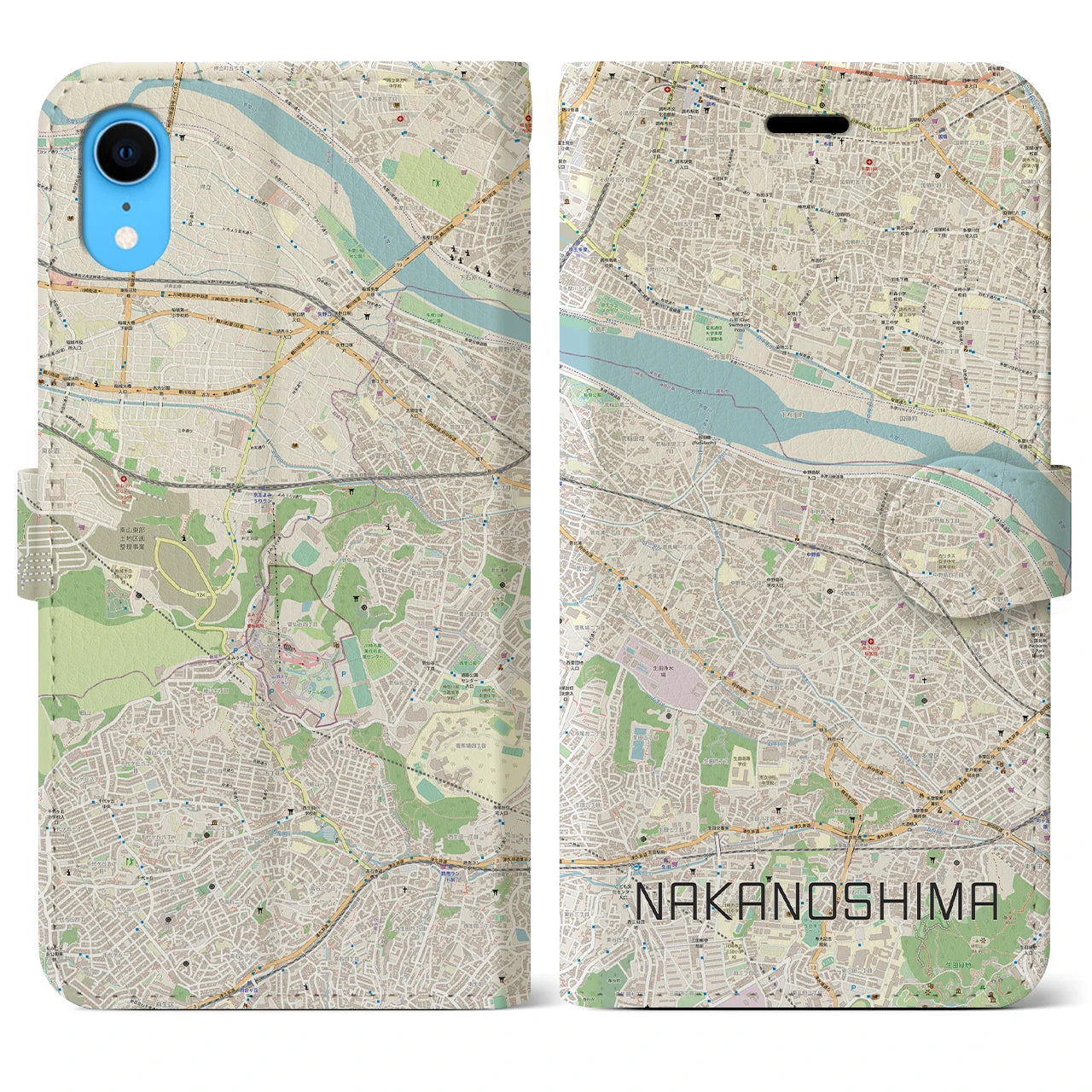 【中野島】地図柄iPhoneケース（手帳両面タイプ・ナチュラル）iPhone XR 用