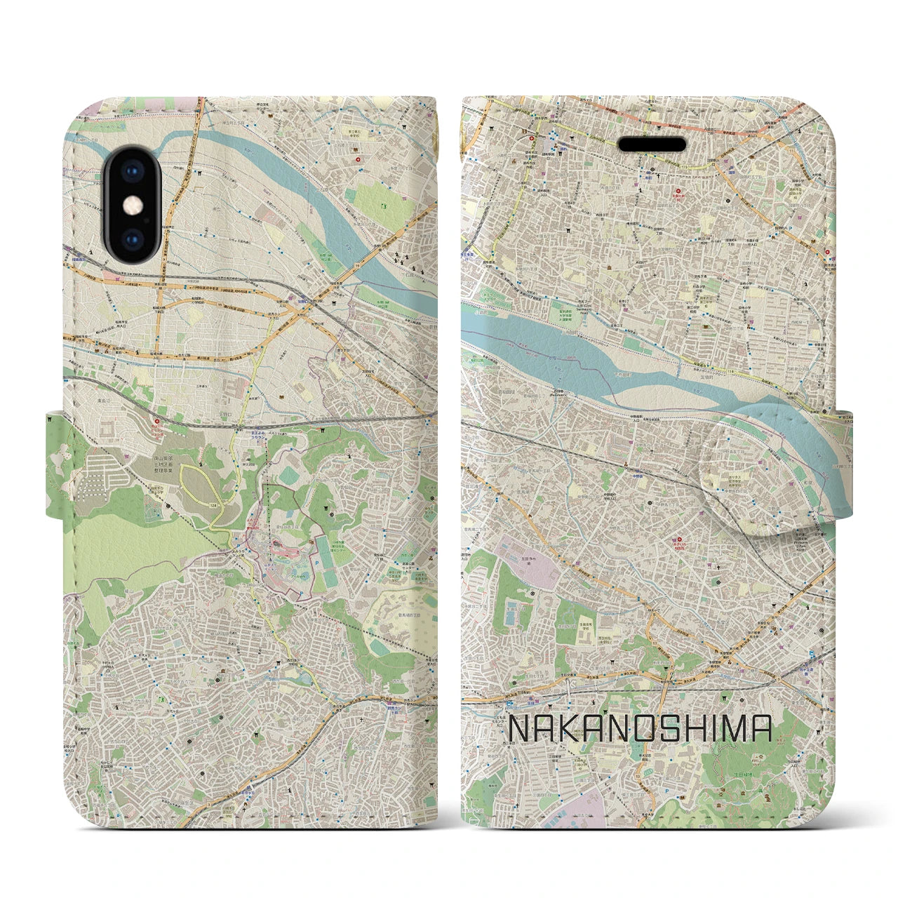 【中野島】地図柄iPhoneケース（手帳両面タイプ・ナチュラル）iPhone XS / X 用