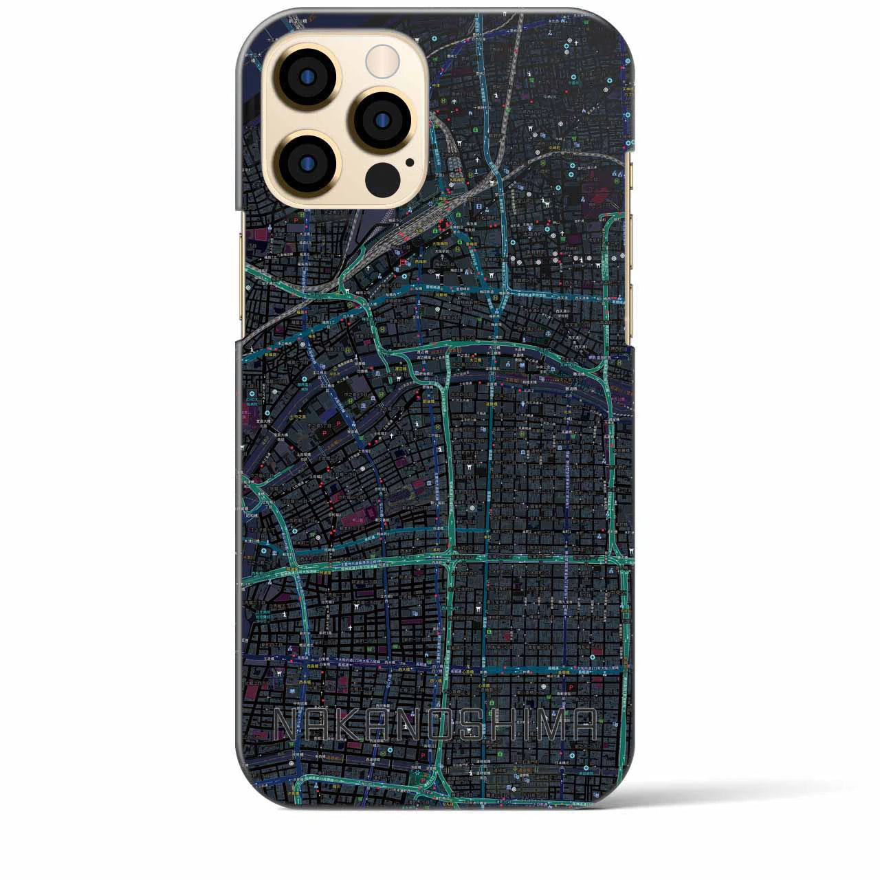 【中之島】地図柄iPhoneケース（バックカバータイプ・ブラック）iPhone 12 Pro Max 用