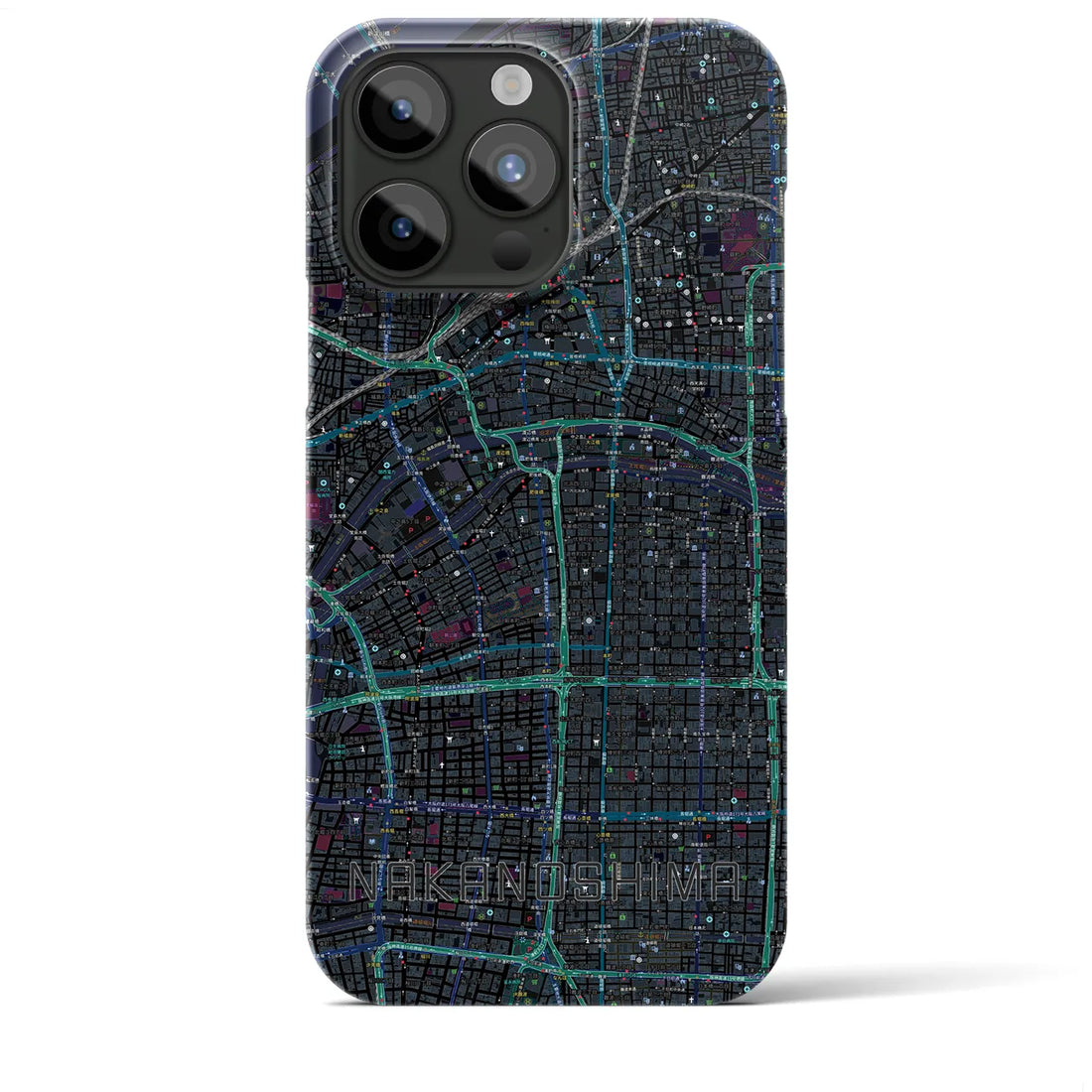 【中之島】地図柄iPhoneケース（バックカバータイプ・ブラック）iPhone 15 Pro Max 用