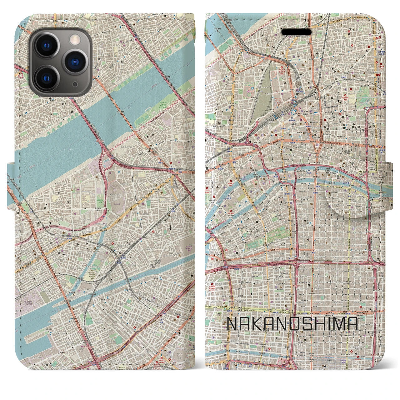 【中之島】地図柄iPhoneケース（手帳両面タイプ・ナチュラル）iPhone 11 Pro Max 用