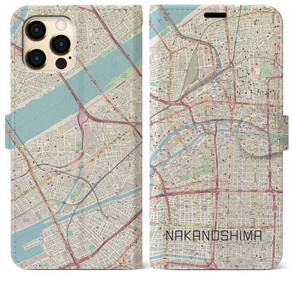 【中之島（大阪府）】地図柄iPhoneケース（手帳タイプ）ナチュラル・iPhone 12 Pro Max 用