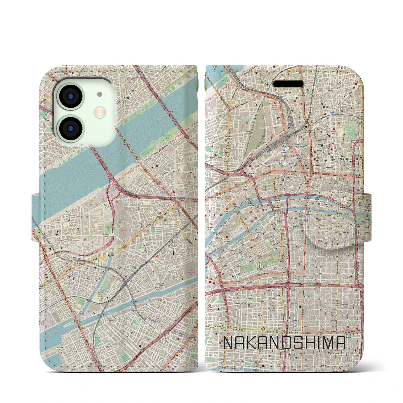 【中之島】地図柄iPhoneケース（手帳両面タイプ・ナチュラル）iPhone 12 mini 用