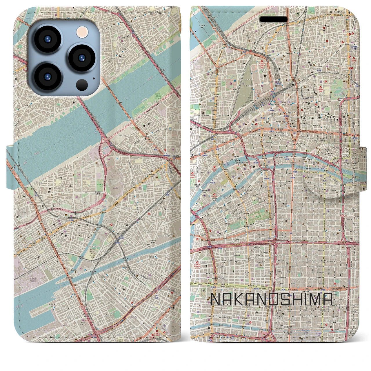 【中之島】地図柄iPhoneケース（手帳両面タイプ・ナチュラル）iPhone 13 Pro Max 用