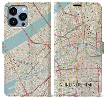 【中之島（大阪府）】地図柄iPhoneケース（手帳タイプ）ナチュラル・iPhone 13 Pro Max 用