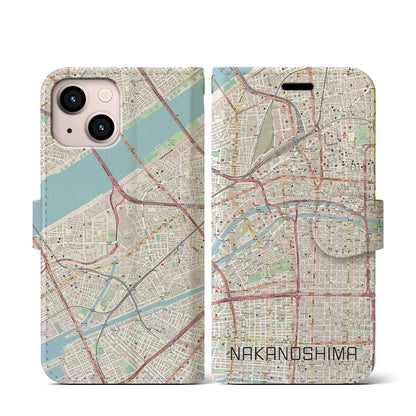 【中之島（大阪府）】地図柄iPhoneケース（手帳タイプ）ナチュラル・iPhone 13 mini 用