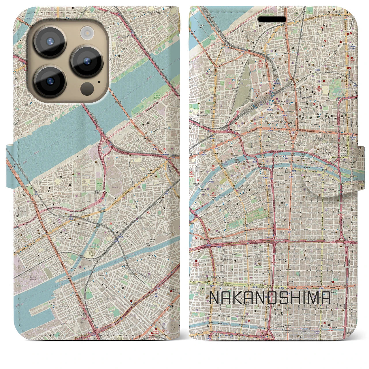 【中之島】地図柄iPhoneケース（手帳両面タイプ・ナチュラル）iPhone 14 Pro Max 用