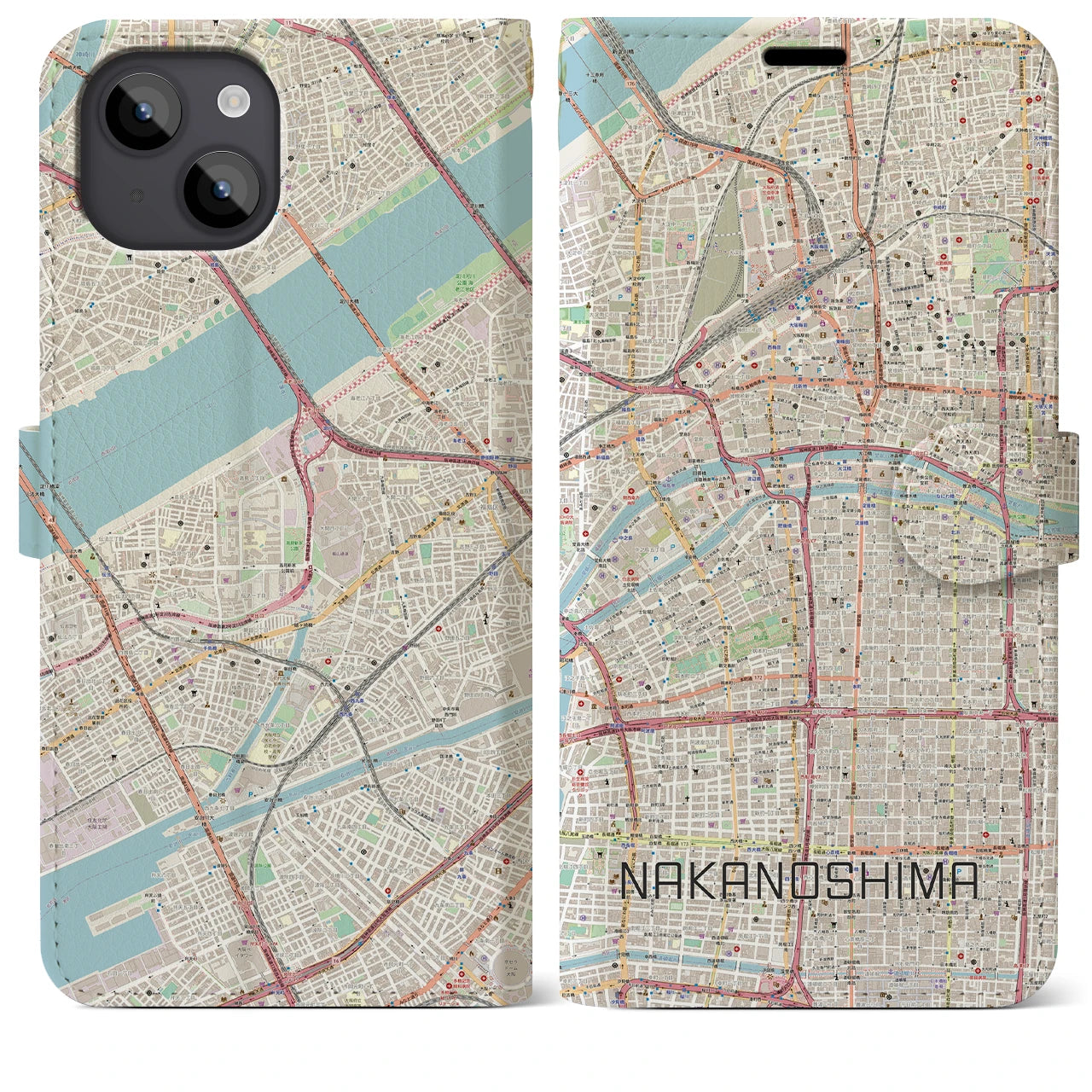 【中之島】地図柄iPhoneケース（手帳両面タイプ・ナチュラル）iPhone 14 Plus 用