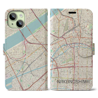 【中之島（大阪府）】地図柄iPhoneケース（手帳タイプ）ナチュラル・iPhone 15 用