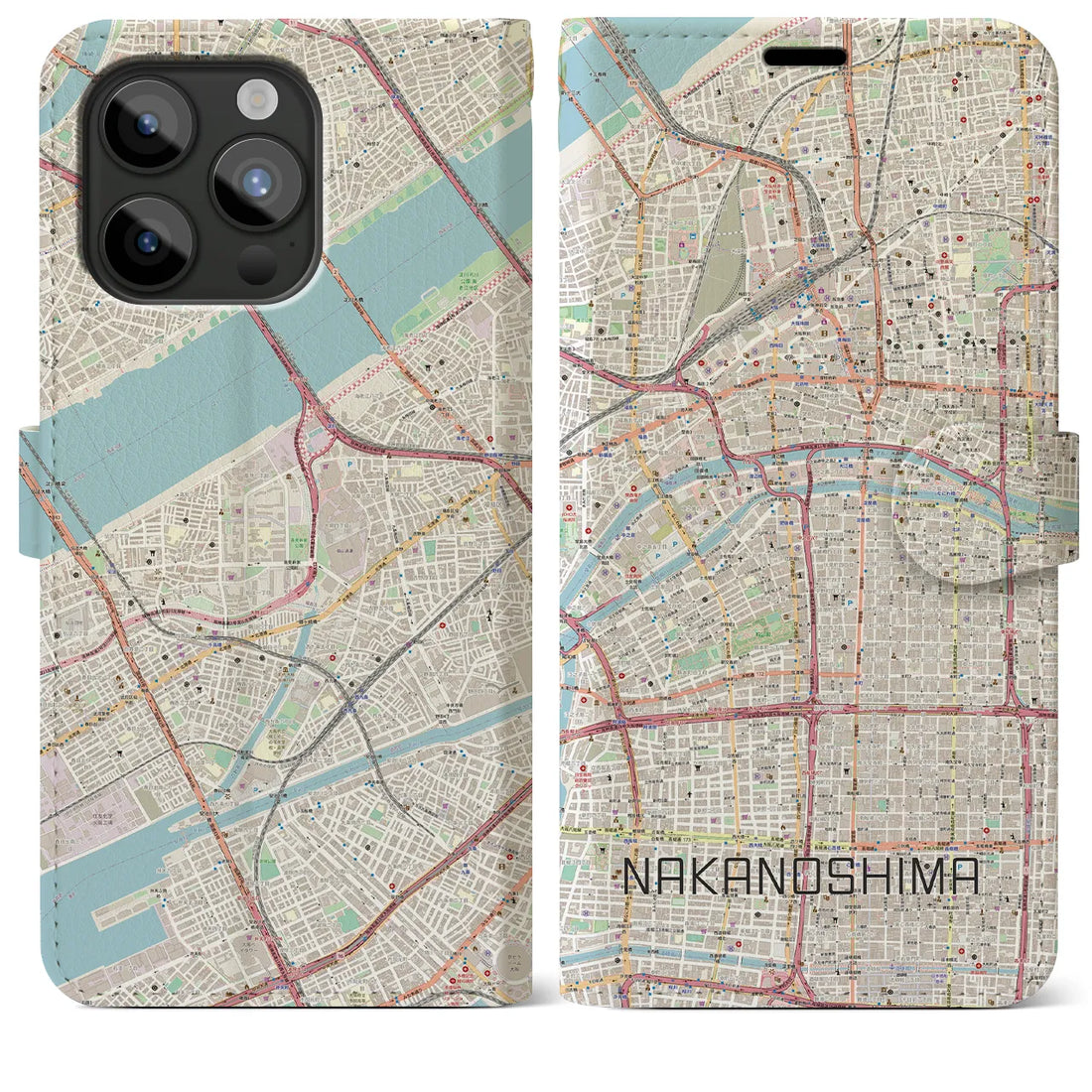 【中之島】地図柄iPhoneケース（手帳両面タイプ・ナチュラル）iPhone 15 Pro Max 用