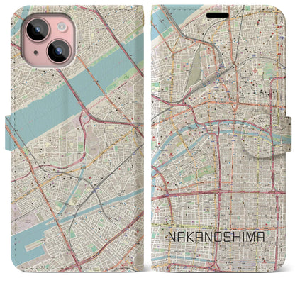 【中之島（大阪府）】地図柄iPhoneケース（手帳タイプ）ナチュラル・iPhone 15 Plus 用