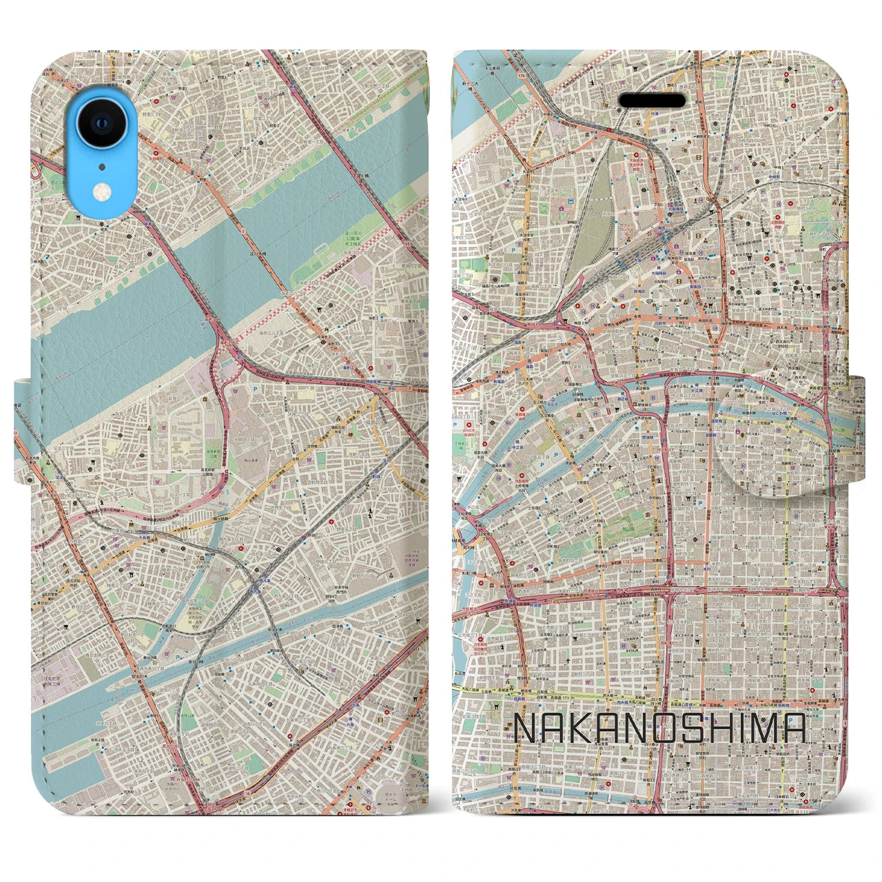 【中之島】地図柄iPhoneケース（手帳両面タイプ・ナチュラル）iPhone XR 用