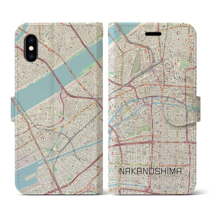 【中之島（大阪府）】地図柄iPhoneケース（手帳タイプ）ナチュラル・iPhone XS / X 用