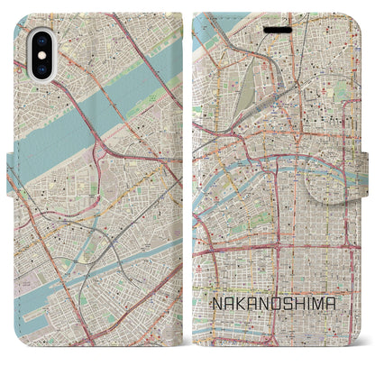 【中之島（大阪府）】地図柄iPhoneケース（手帳タイプ）ナチュラル・iPhone XS Max 用